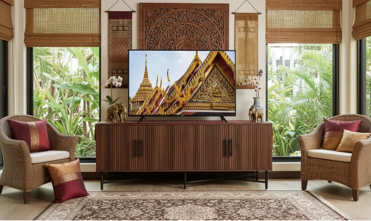 Medieval Modern Multimedia TV Stand with Four Doors Features two adjustable storage shelves Suitable for TVs up to 65 inchesChestnut