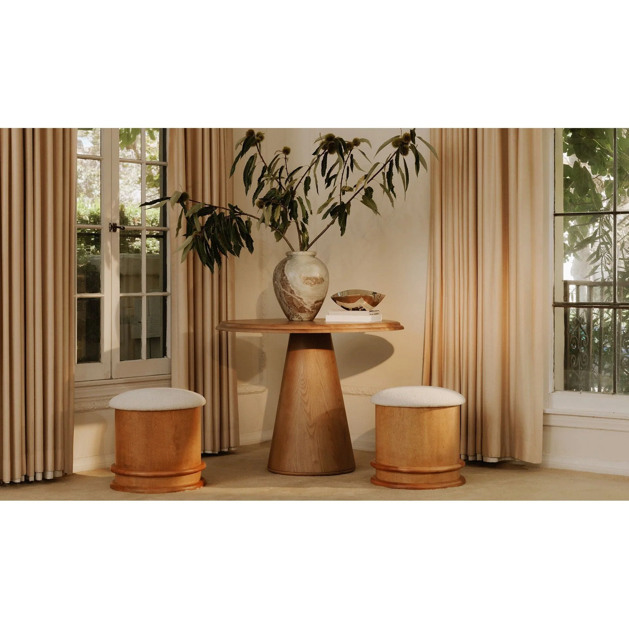 Mid-Century Modern Solid Ash Wood Coffee Table with Round Double Bullnose Top & Pedestal Base for Living Room