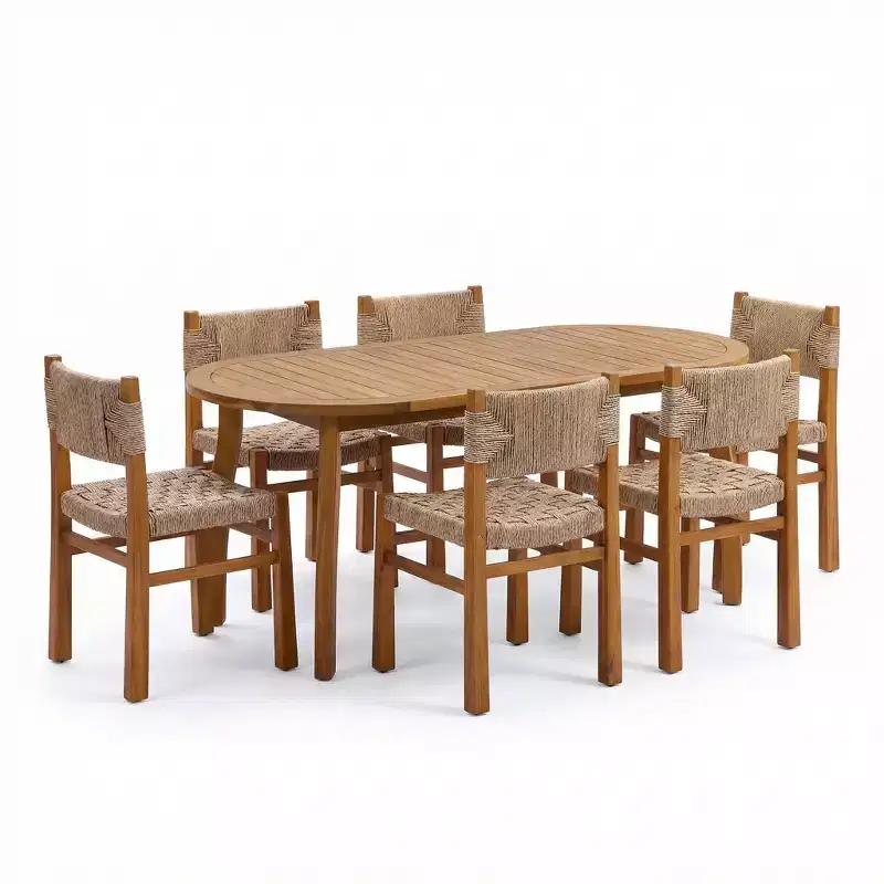 Christopher Knight Home Elian Farmhouse 7 Piece Outdoor Acacia Wood Woven Wicker Dining Set