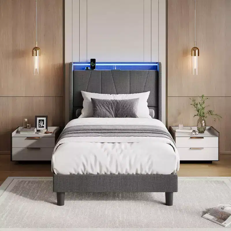 Fabric Upholstered Platform Bed Frame with Under Storage, Steel Slats, USB Charging and RGB LED Lights