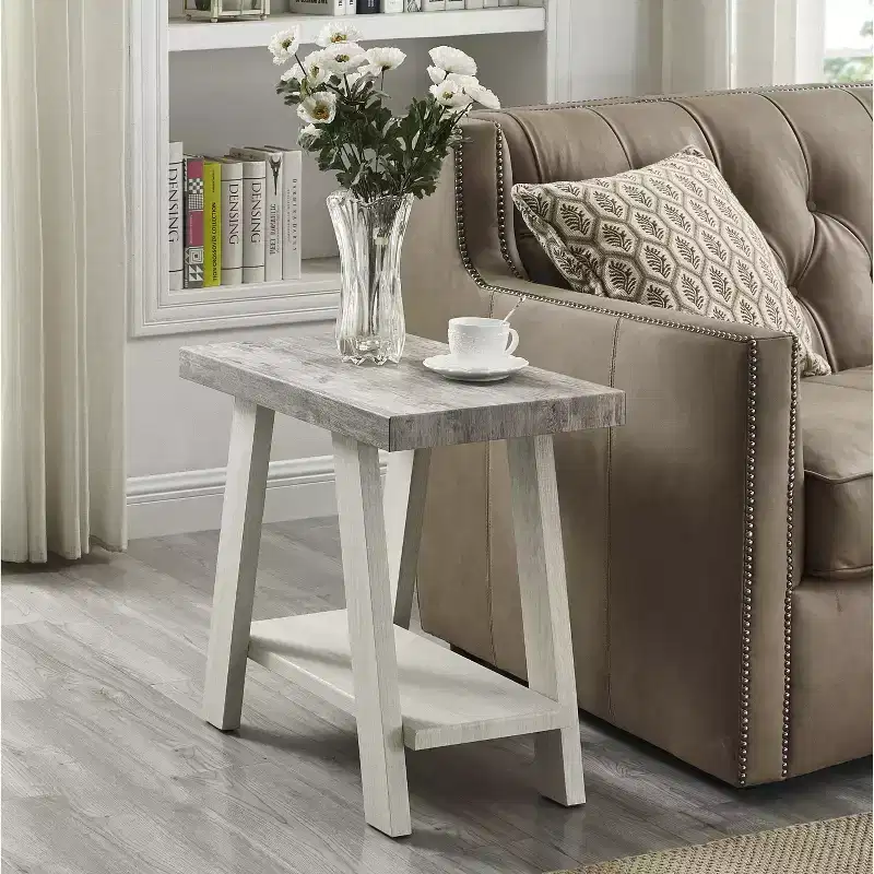 Contemporary Two-Tone Wood Shelf Side Table in Weathered Gray and Beige