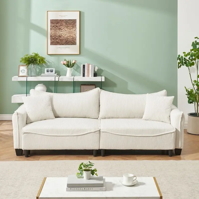 2345 Green Corduroy Fabric, Sofa Can Be Converted Into A Sofa Bed with Two Throw Pillows