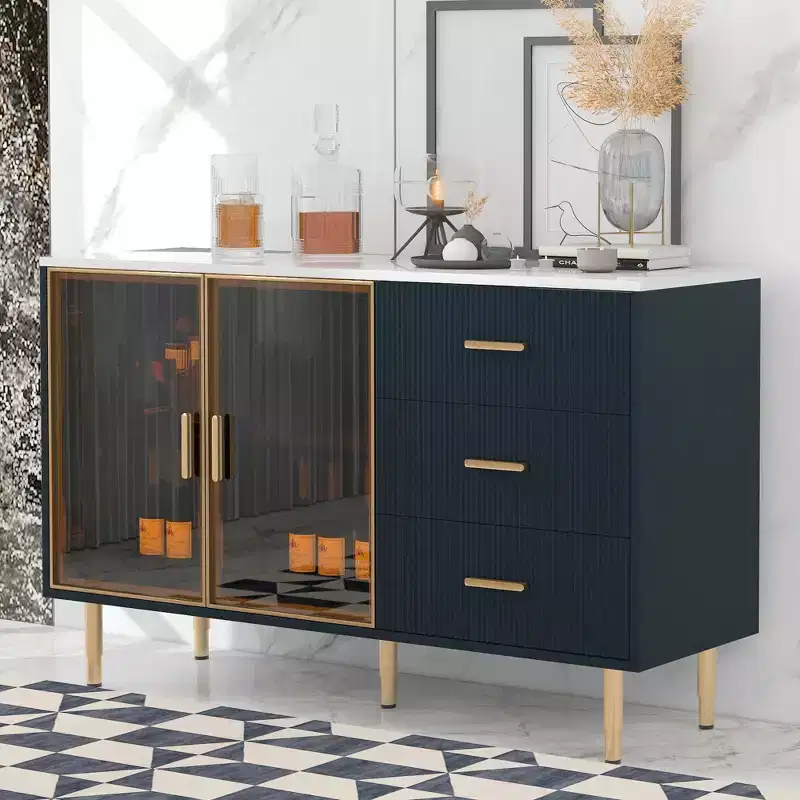 Modern Sideboard with Marble-Look Tabletop, Gold Metal Legs & Handles - 60