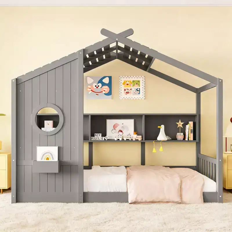 Luxystar House Shape Bed Frame With Shelves, Window and Roof for Kid's Room
