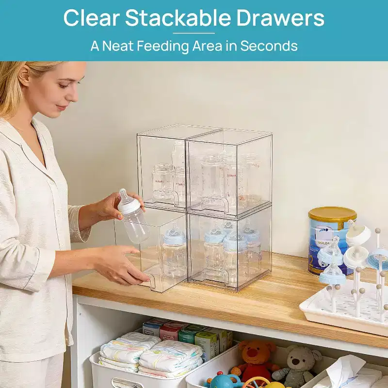 4 Pack 7.6 H Plastic Clear Stackable Storage Drawers, for Vanity, Bathroom, Kitchen, Cabinet Organization