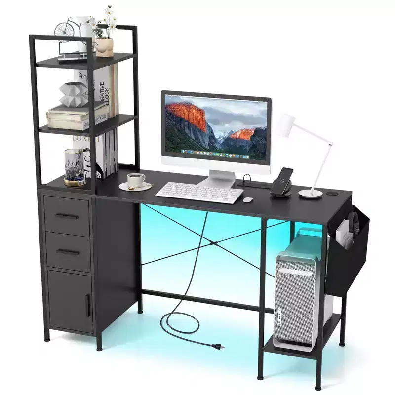 Office Desk with LED Lights & Power Outlets, Open Shelves, 2 Drawers & Cabinet