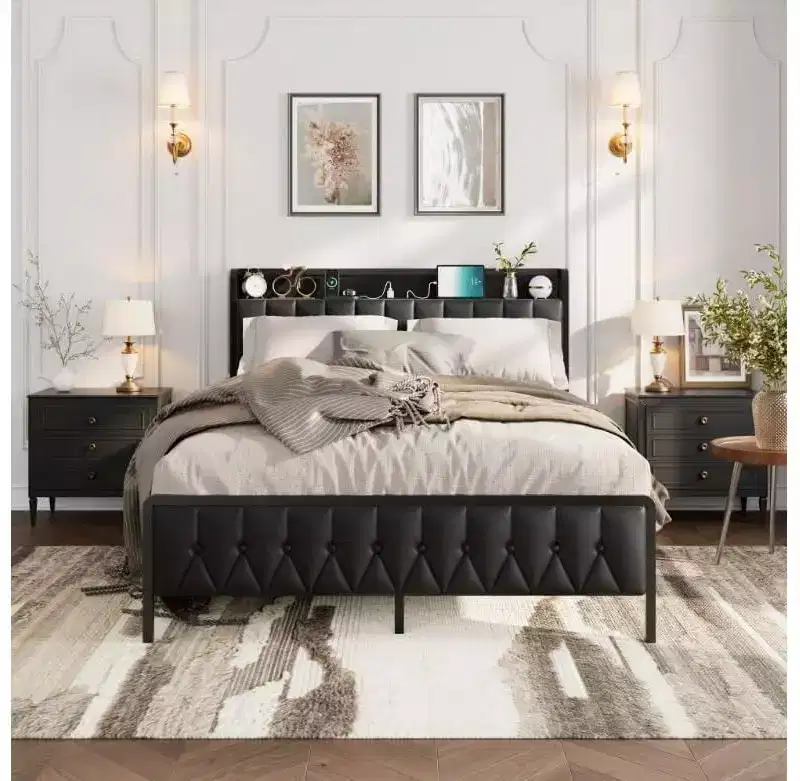 Acekool Queen Metal Bed Frame with Charging Station, Faux Leather Storage Headboard and Footboard