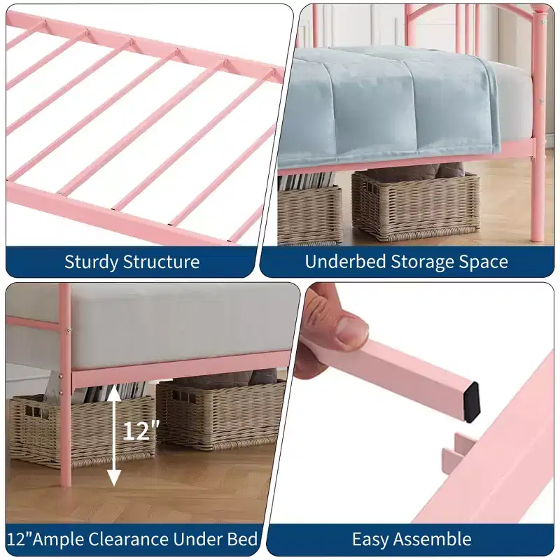 Twin Daybed Sofa Bed with Steel Slat Support, Underbed Storage & Arched Headboard, Pink Metal Frame, for Bedroom/Living Room, Guest Bed