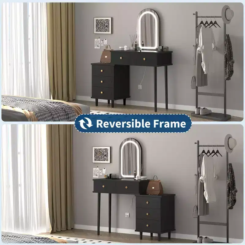Makeup Vanity Desk with Mirror and Lights, Modern White Vanity Table with 2 Drawers & Adjustable 3-Drawer Cabinet, Wood Dressing Table