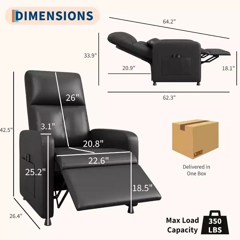 Power Recliner Chair with Massage and Heat, Adjustable Electric Recliner Ergonomic Overstuffed PU Leather Single Sofa, 2 Side Pockets and USB Port