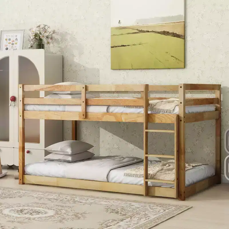 Okak 77.3IN Twin-Over-Twin Floor Bunk Bed with Ladder, Twin Bed with Guardrail and Strengthened Slats, Bed Frames for Kids Room, Gaming Room, Natural