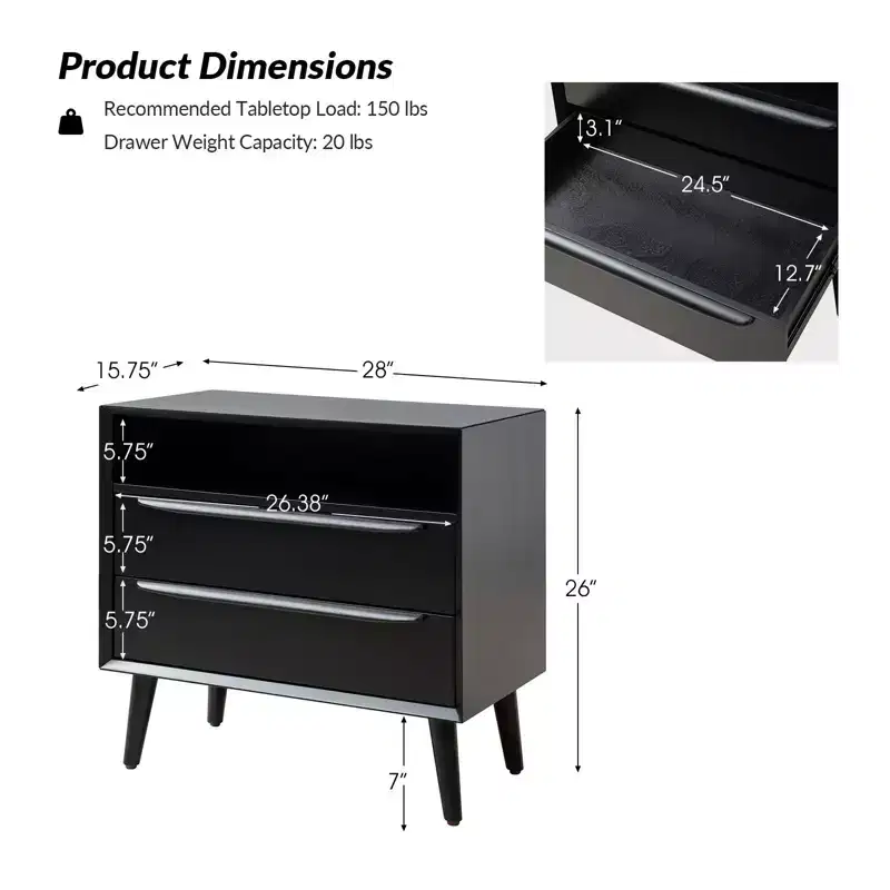 Margery Mid-century Modern 2 - Drawer end table with Built-In Outlets and Cable Management and Open Shelf | HULALA HOME
