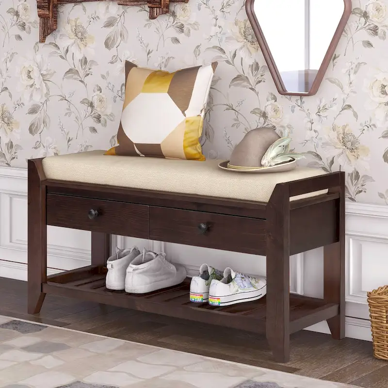 Wooden Shoe Bench with Cushioned Seat, 2 Storage Drawers & Gridded Shoe Rack