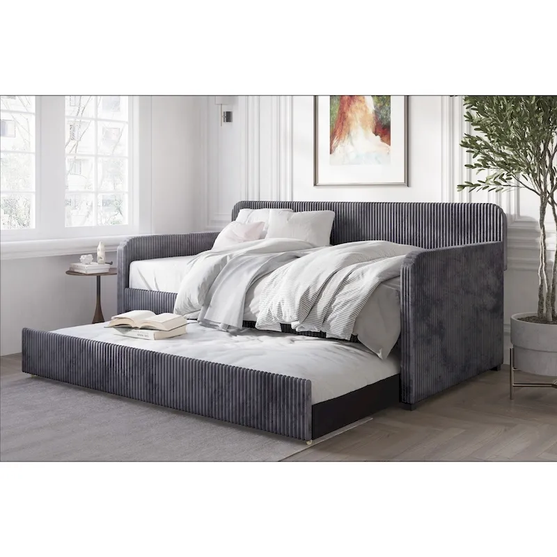 Twin Upholstered Daybed with Pull-Out Trundle, Velvet, Tufted, Gray, Blue or Black