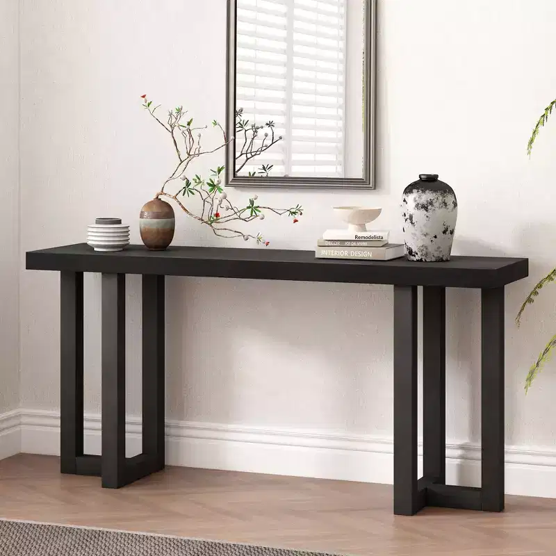 63'' Modern Console Table with Geometric Patchwork Top, Entryway Table with Solid Pine Legs, Foyer Table for Living Room, Hallway, Entryway