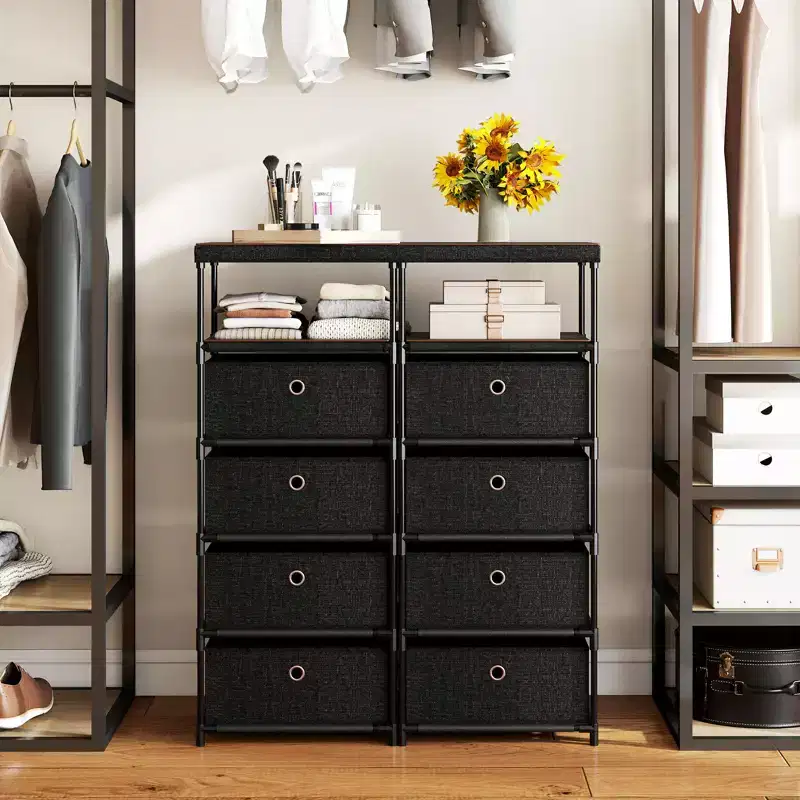 4-Drawer Industrial Storage Tower Dresser with Shelf and Fabric Bins