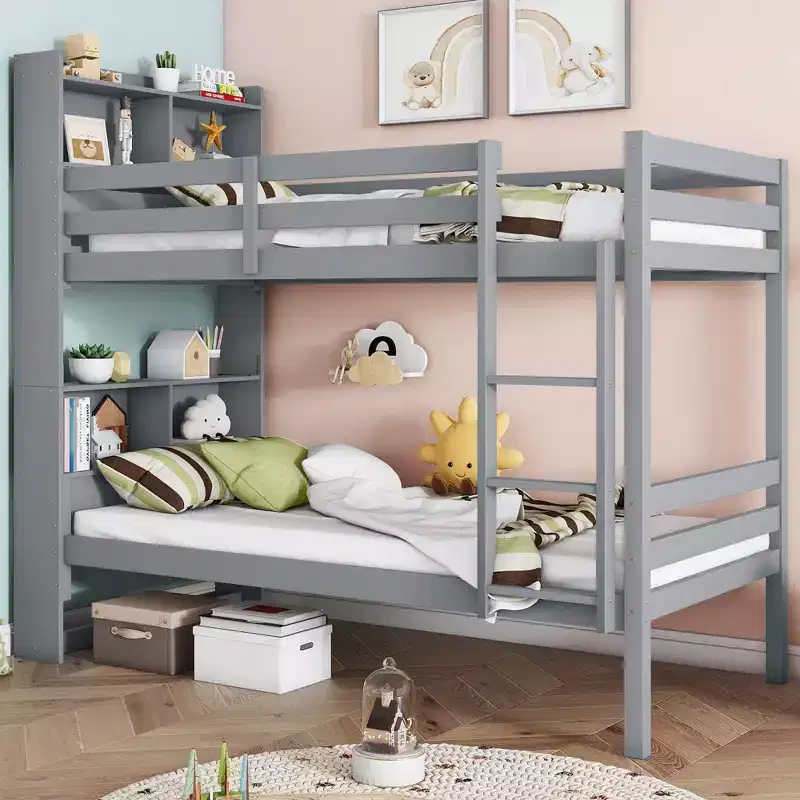 Twin over Twin Bunk Bed with Storage Shelves, 2-In-1 Rubber Wood Kids Bunk Beds with Safety Guardrails and Ladder, Twin Bed for Bedroom