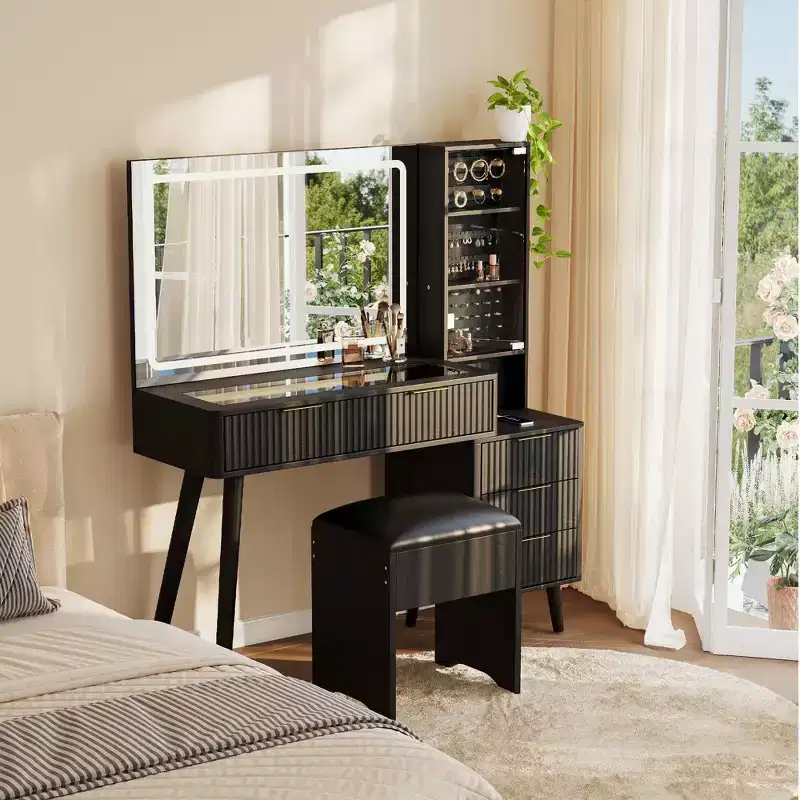 COZONY 48 Fluted Makeup Vanity Desk with Mirror & LED Lights, Charging Station, Cushioned Storage Stool for Bedroom