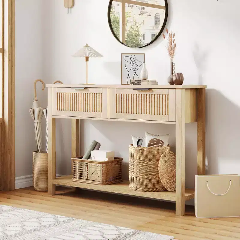 Console Table with 2 Fluted Drawers, 43inch Entryway Table with Open Storage Shelf, Behind Couch Entry Foyer Hallway Storage