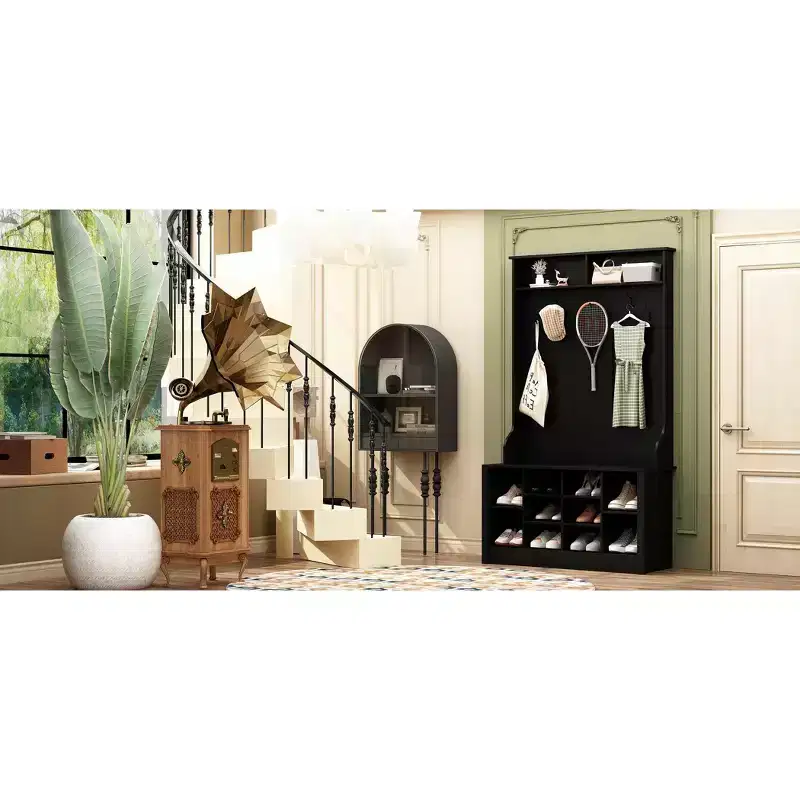 Famapy Wood 3-in-1 Hall Tree Bench with Double Hooks and Shelves