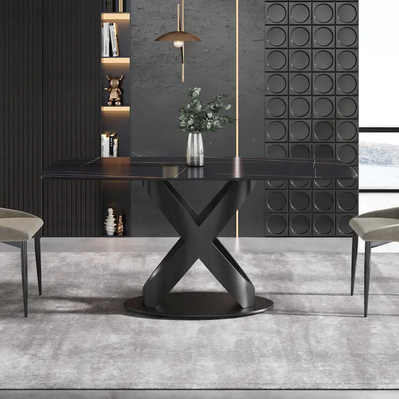 63-Inch Dining Table with Sintered Stone Tabletop and Metal Base
