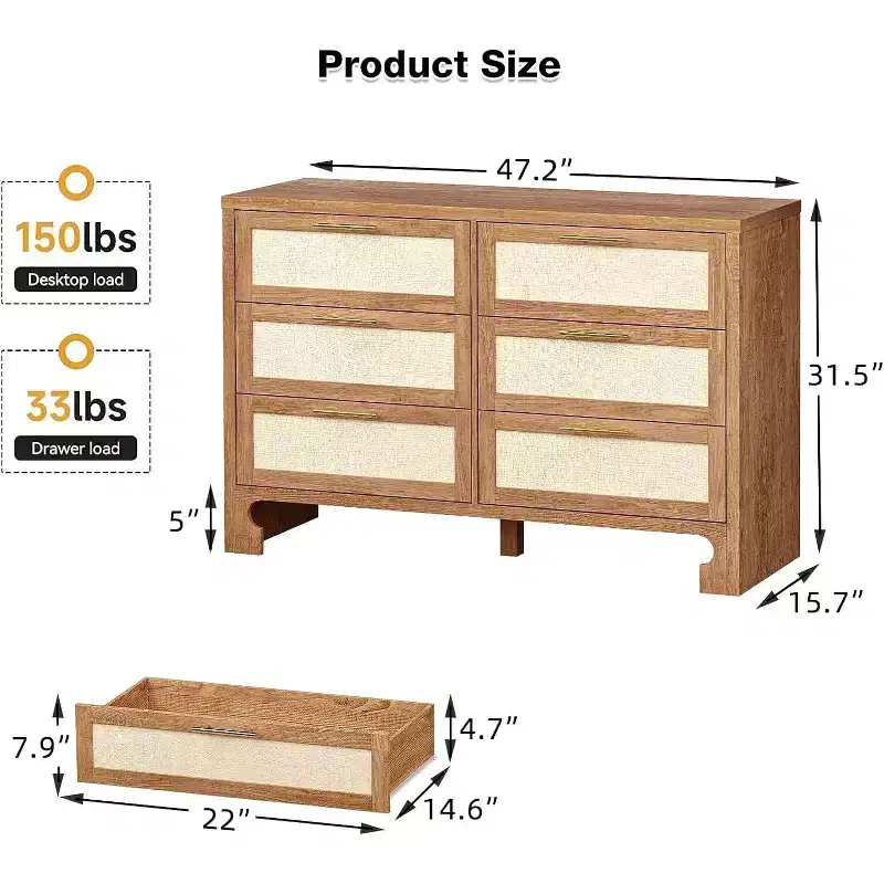 COZONY 6 Drawer Double Dresser with Burlap Design, Wooden Chest with Gold Handles