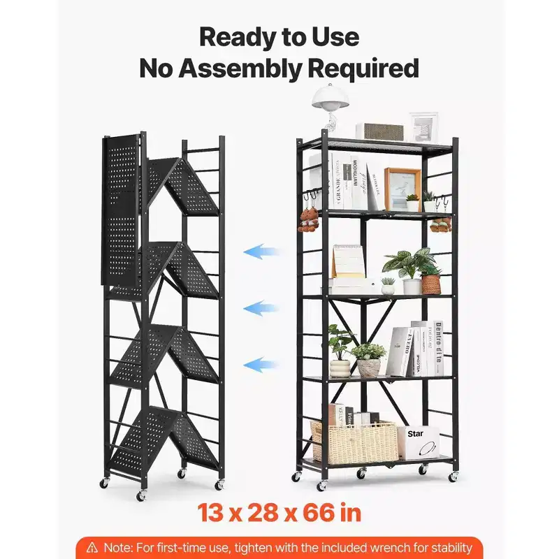 VIYET 5-Tier Foldable Storage Shelf with Wheels 28 x 13 x 66-inch Metal Shelving