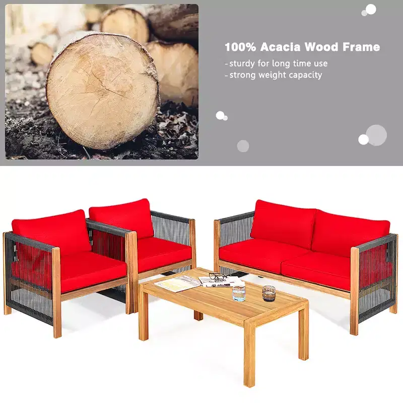 Costway 4PCS Wooden Patio Furniture Set Cushioned Sofa W/Rope Armrest White\Turquoise\Red