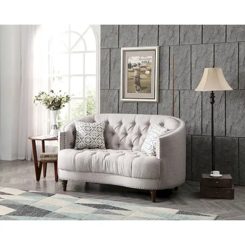 Light Grey Deep Tufted Fabric Loveseat with Nailhead Trim for 2 Person