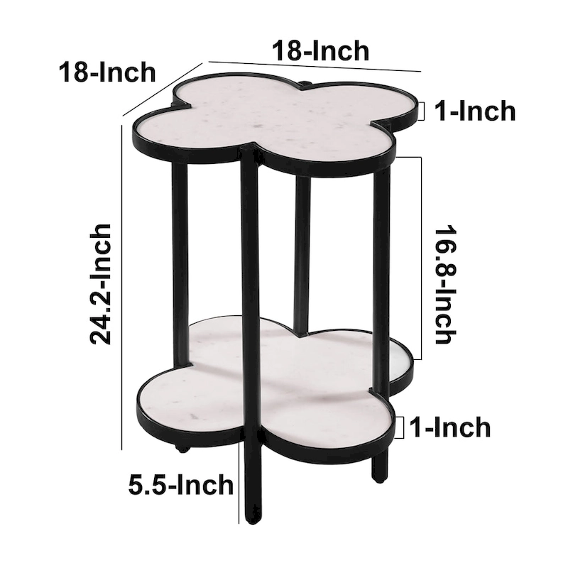 Chloe Side End Table, White Genuine Marble Clover Shape Top With Black Iron Frame