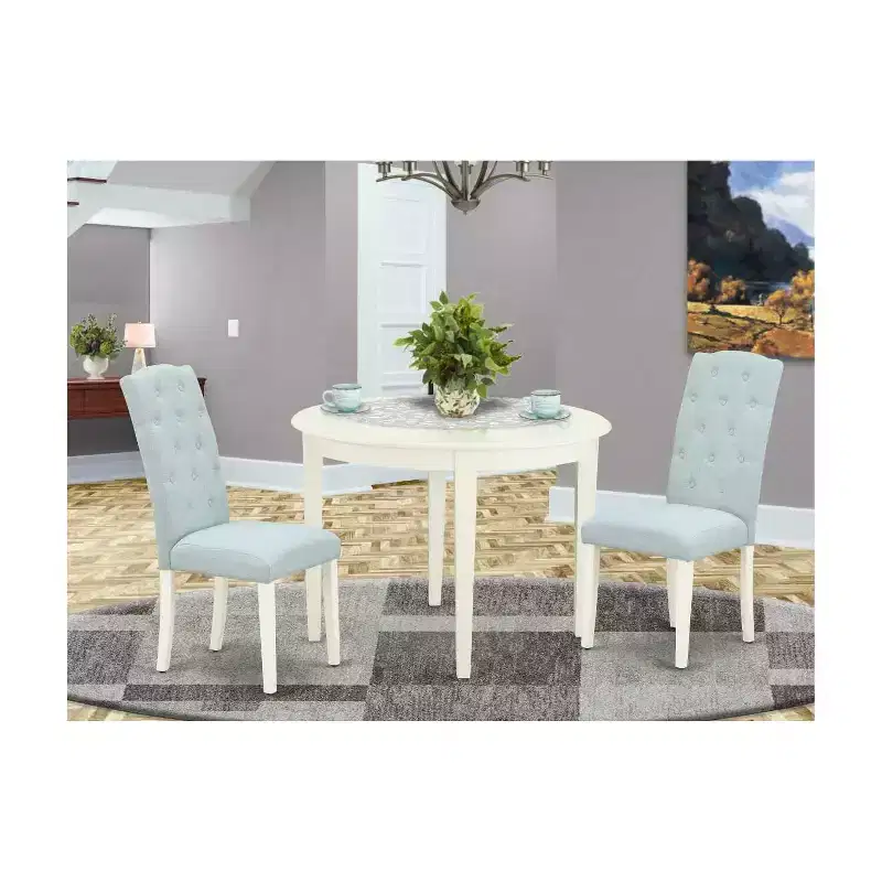 3Pc Dinette Set - Kitchen Table & 2 Chairs - Small Round Table - Linen White & Baby Blue