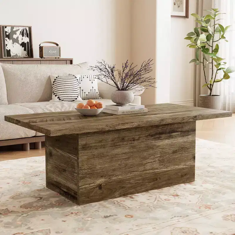 Rectangular Coffee Table, 47.25-Inch Modern Solid Wood Medium Coffee Table, Wooden Farmhouse Rustic Cocktail Coffee Table