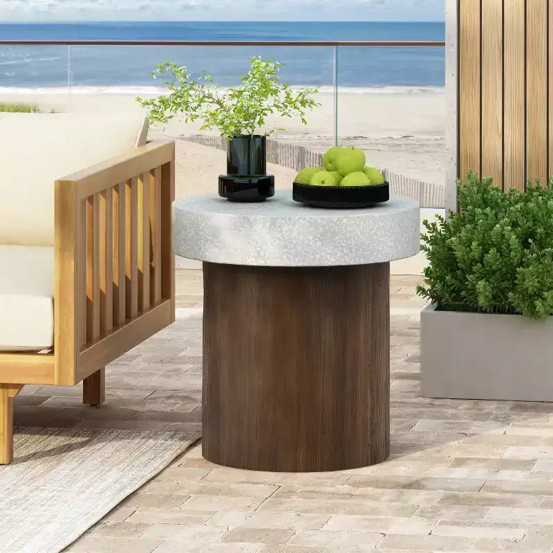 MAYEERTY 1 Pack Cylindrical Side Table, Faux Stone & Wood Texture End Table for Indoor Outdoor Living Room, Patio, Bedroom
