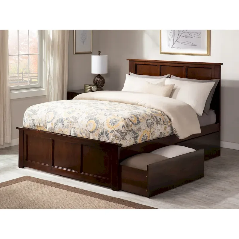 Full Platform Bed with 2 Storage Drawers in Walnut
