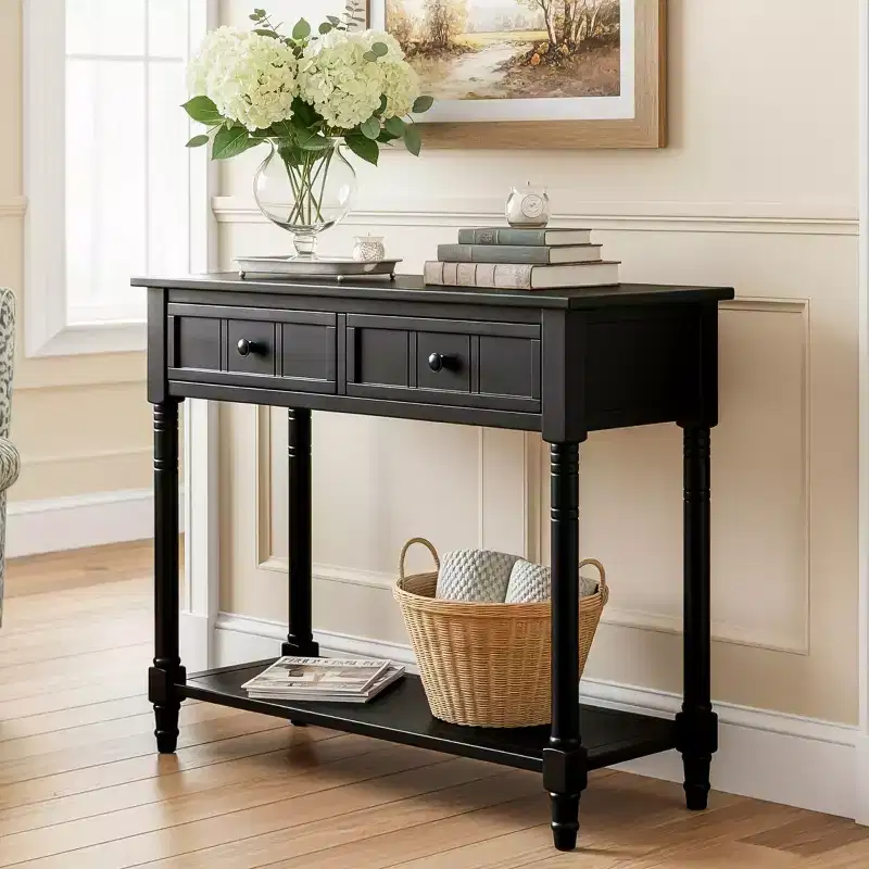 35.4 Traditional Console Table with Drawers and Shelf, Vintage Pine Entryway Table, Compact Sofa Table for Living Room or Hallway-Panipeachy