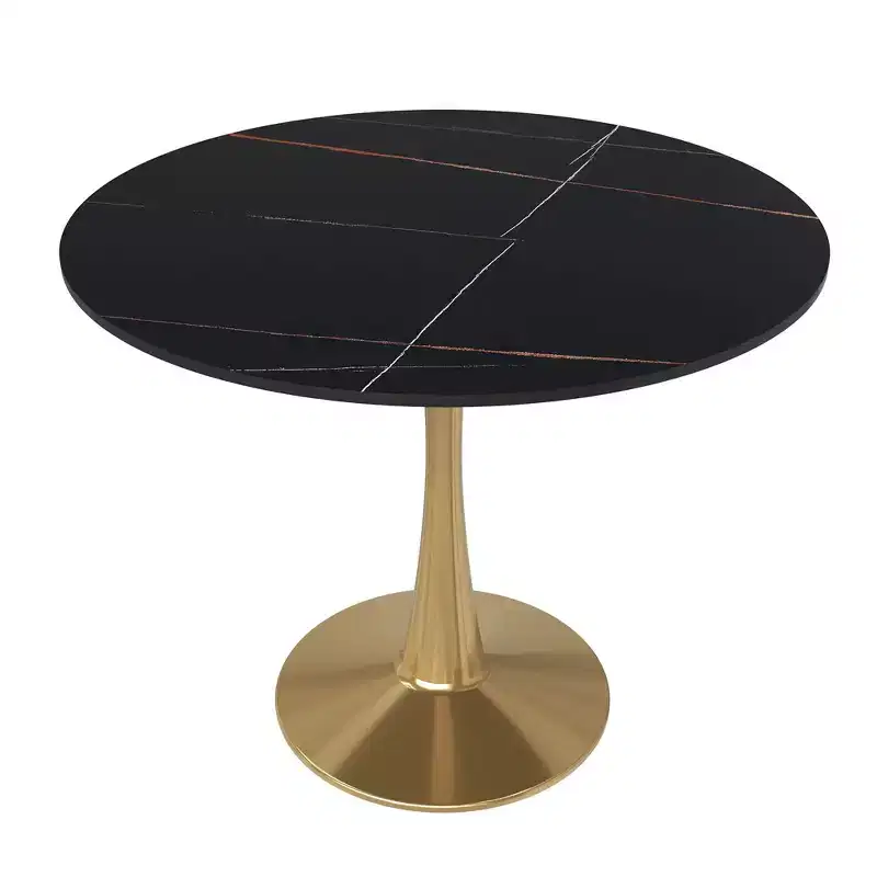 LeisureMod Bristol 35 Round Dining Table  Sintered Stone Top Accent Caf Table & Sturdy Steel Gold Pedestal Base for Kitchen and Small Spaces
