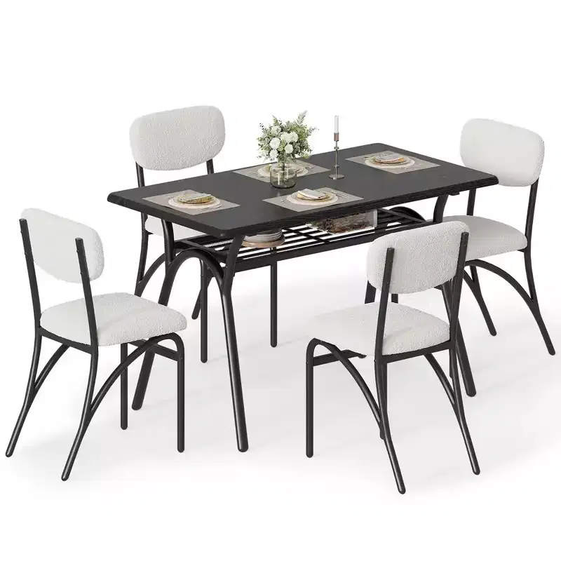 WhizMax Dining Table Set for 4, Rectangular Kitchen Table with 4 Boucle Chairs, Dining Table with Storage