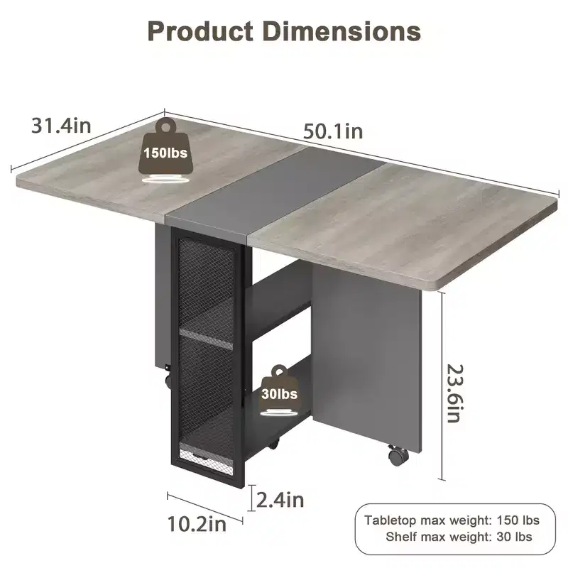 Folding Dining Table for Kitchen, Space Saving Dining Table, Extendable Kitchen Drop Leaf Table with 6 Wheels for Small Space