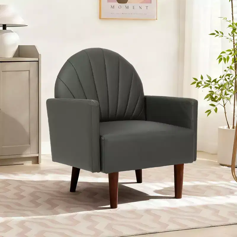 Shell Shaped Armchair, PU Leather Upholstered Lounge Chair with Solid Wood Legs, Enveloping Accent Chair for Living Room, Study, Balcony