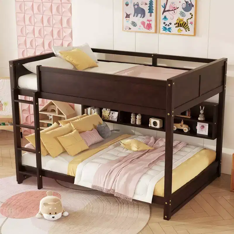 MAYEERTY Queen Over Queen Bunk Bed with Built in Storage Cabinets Charging Station Ladder Guardrails Solid Pine Wood Bunk Bed Brown