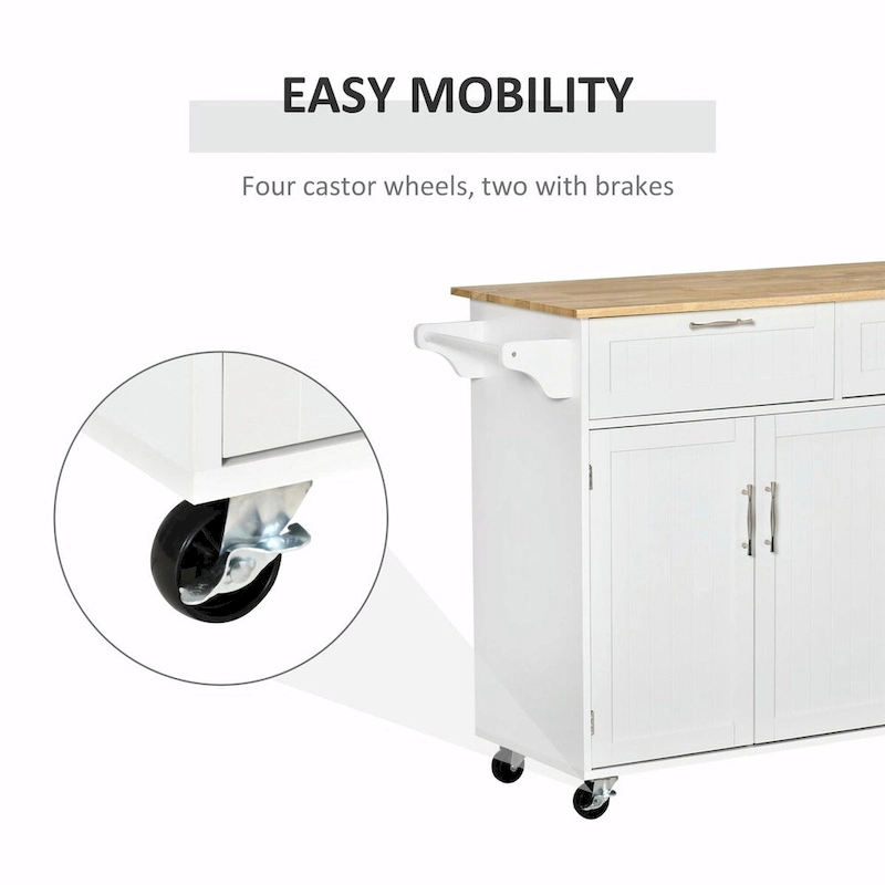 Mobile Kitchen Island with Wood Top, Drawers, Cabinets, Adjustable Shelves, and Towel Rack