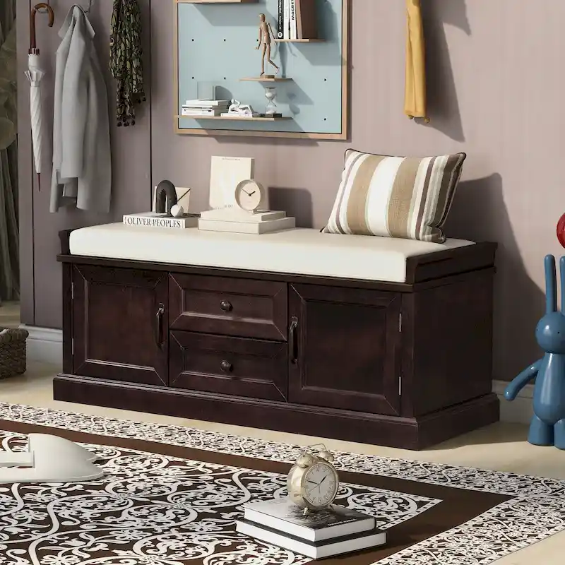 Storage Bench with 2 Drawers and 2 Cabinets, Shoe Bench with Removable Cushion for Living Room, Entryway