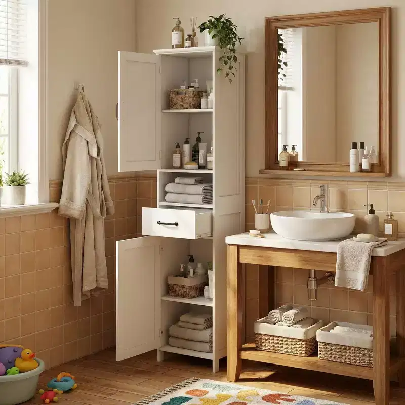 Tall Bathroom Storage Cabinet with Drawer and Double Doors, White