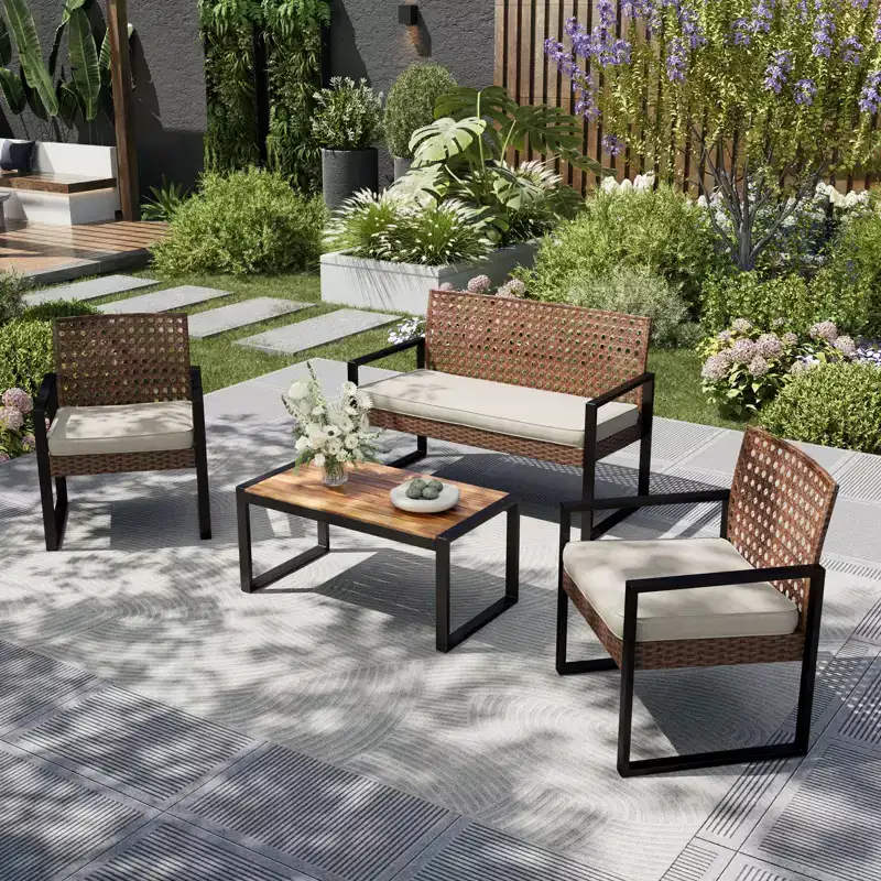 Captiva Designs 4pc Outdoor Patio Wicker Rattan Cushioned Conversation Set with Armchairs and Coffee Table