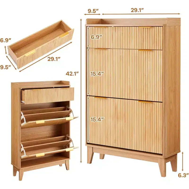 Slim Fluted Shoe Cabinet for Entryway  Modern Narrow Hallway Organizer with 2 Doors, Adjustable Shelves, Compact Storage Solution for Home