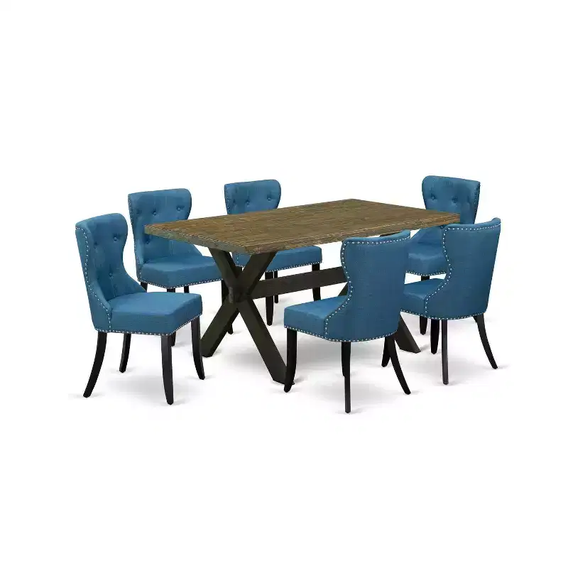 HomeStock 7-Piece Rectangle Distressed Jacobean Finish Solid Wood Top Dining Table with 6-Parson Chairs