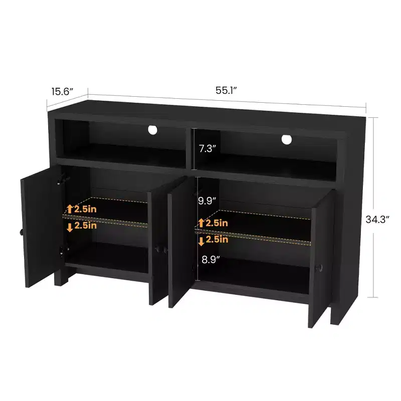 55 Farmhouse Buffet Sideboard - 4-Door Wood Coffee Bar Cabinet w/ Adjustable Shelves for Kitchen, Dining & Living Room Storage