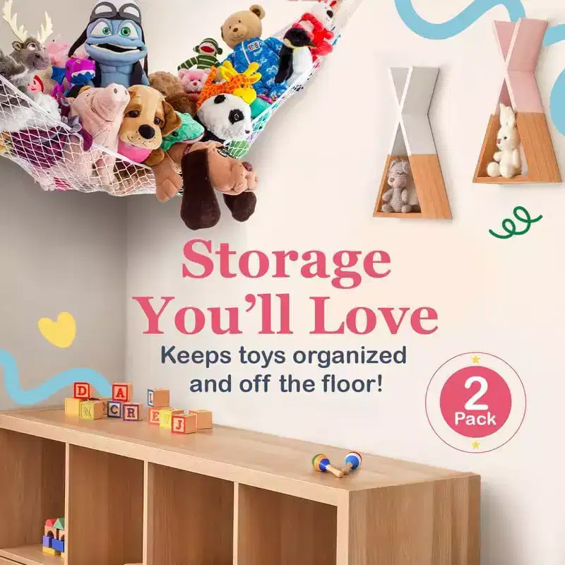 Standard Size 2 Pack Stuffed Animal Net Hammock, Corner Hanging Toy Storage Organizer