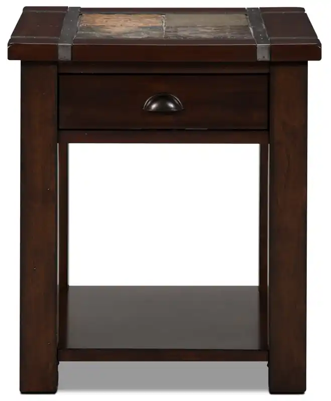 22 Rustic End Table with Storage and Shelf - Dark Cherry Wood and Slate Inlay