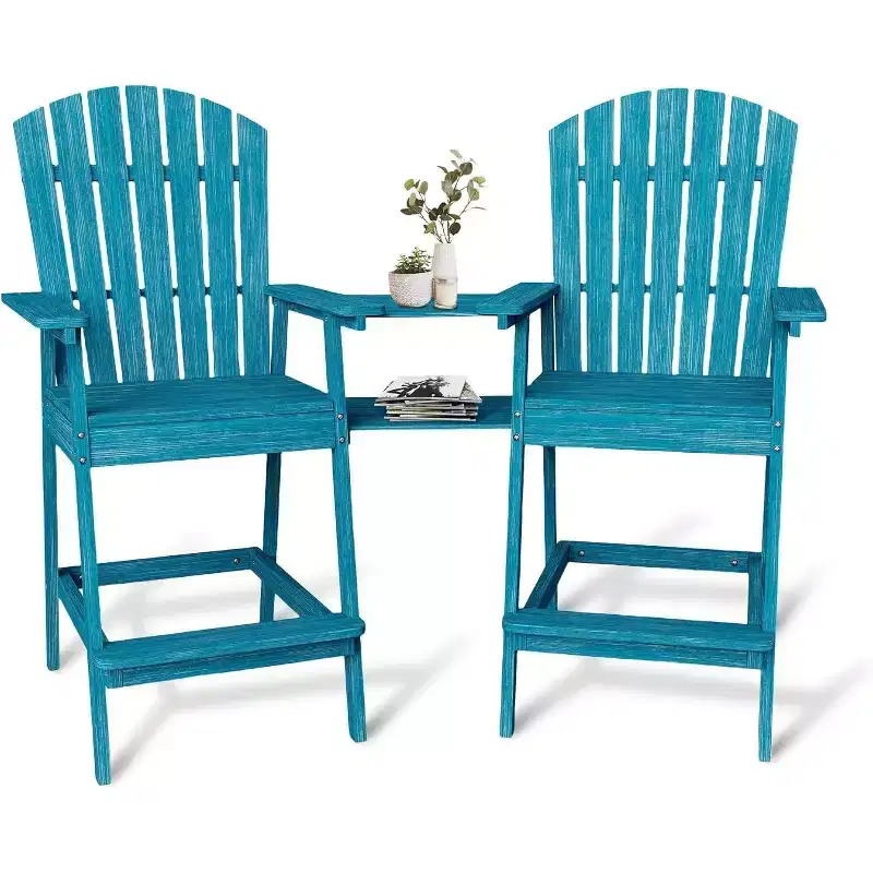 Acekool Bar Height Adirondack Chairs Set of 2 with Connecting Tray, Natural Wood Elevated Patio Chairs for Deck & Backyard